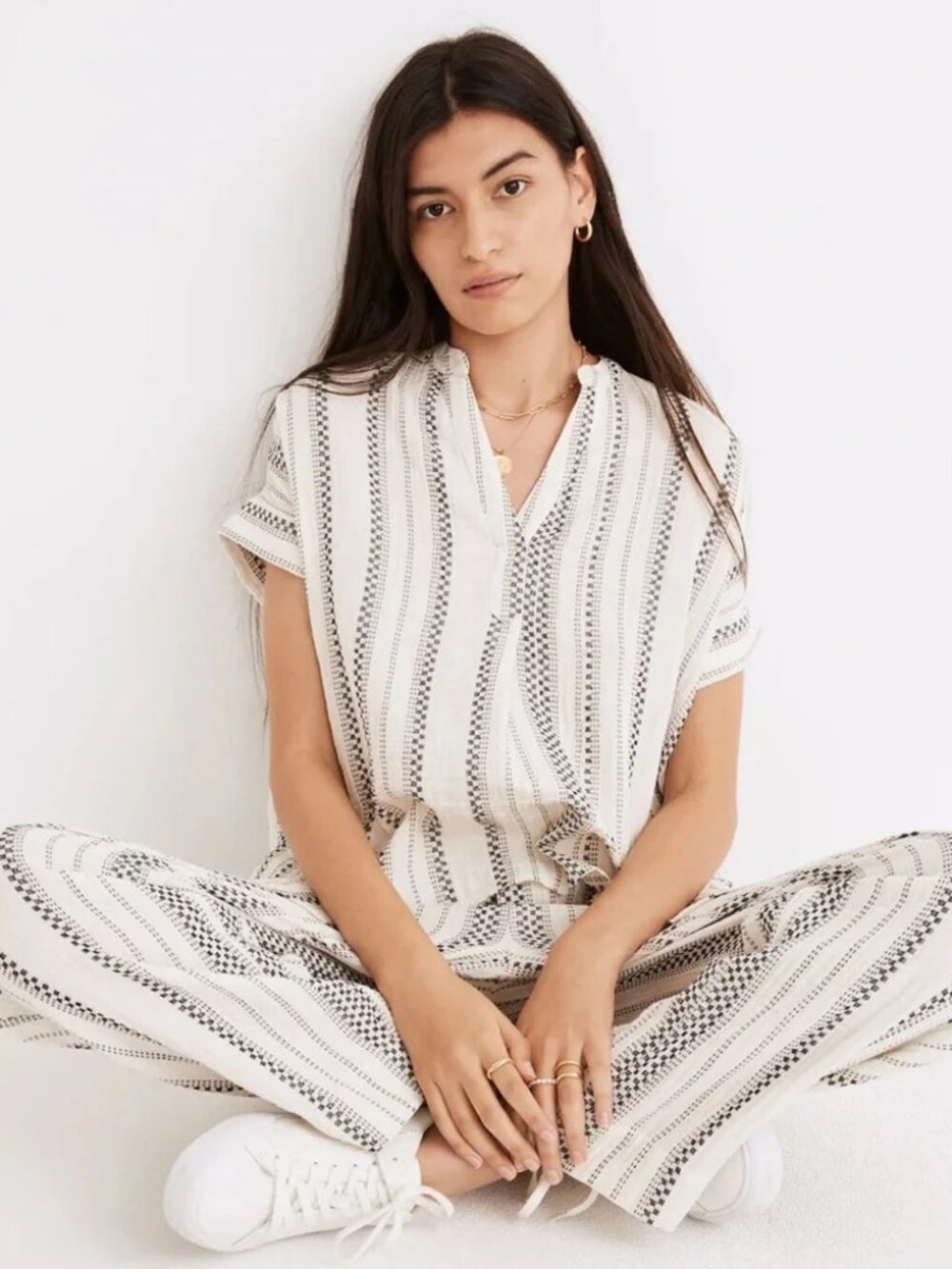 Madewell Cream & Black Striped Short Sleeve Tunic Top